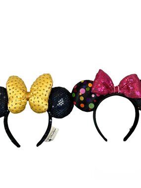Disney Minnie Mouse Ears Sequin Headbands Navy Gold and Pink Polka Dot Lot of 2